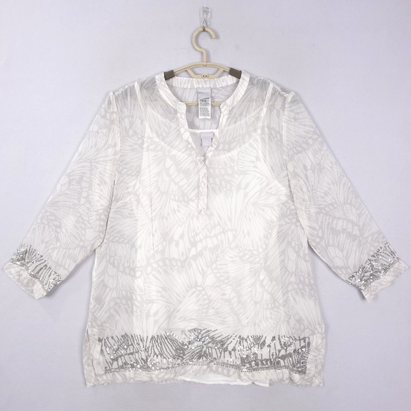 Chicos Blouse Top Women Size3 Silver 2 pc Blouse Cami Set Sequin Butterfly XL - Picture 1 of 10